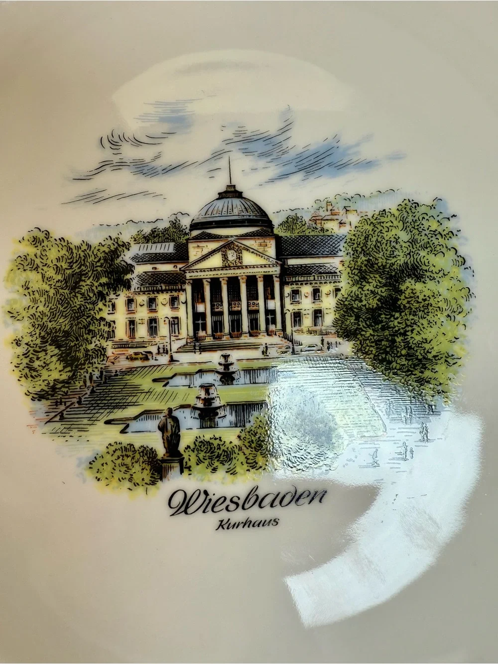 La Kaiser White Plate with Green and Blue Scenic Kurhaus Print